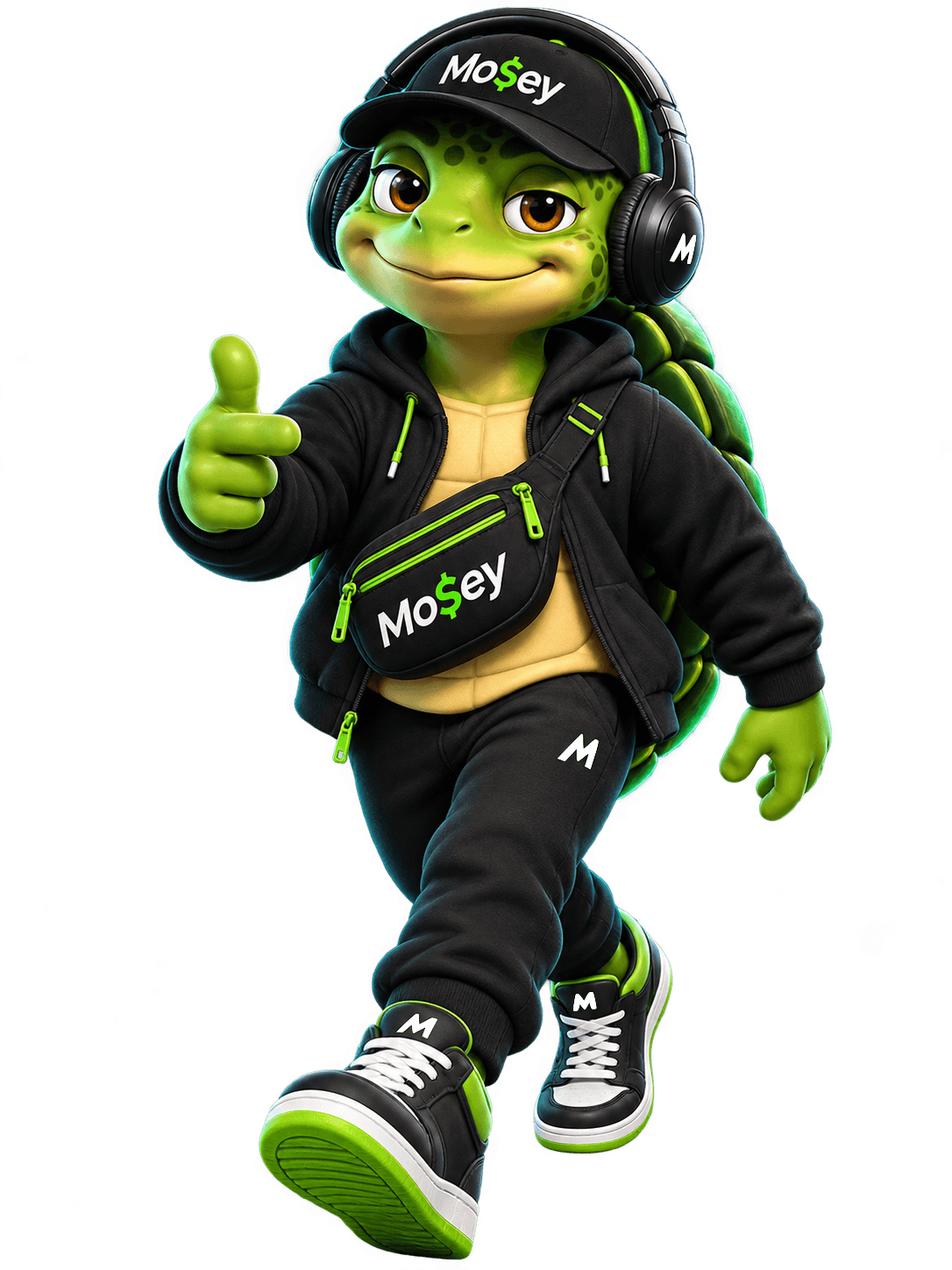 Mosey turtle mascot walking confidently
